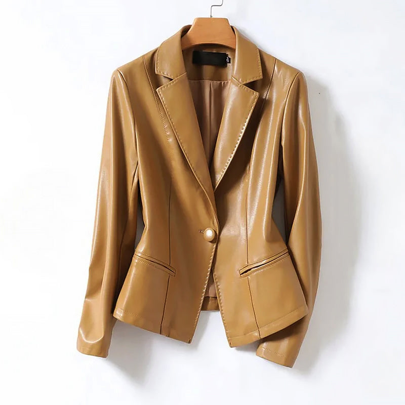 Olivia - Women's Single-Button Leather Blazer with Notch Lapels