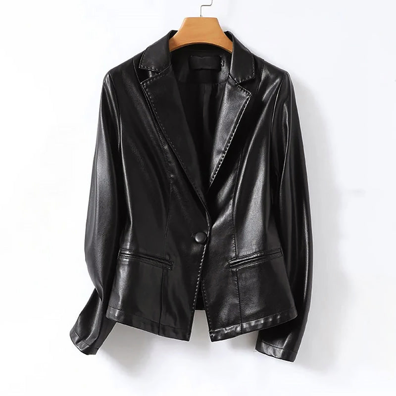 Olivia - Women's Single-Button Leather Blazer with Notch Lapels