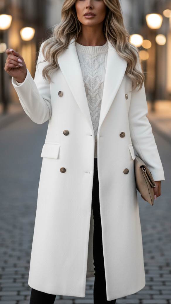 Ophelia - Women's Double-Breasted Longline Coat with Notch Lapels