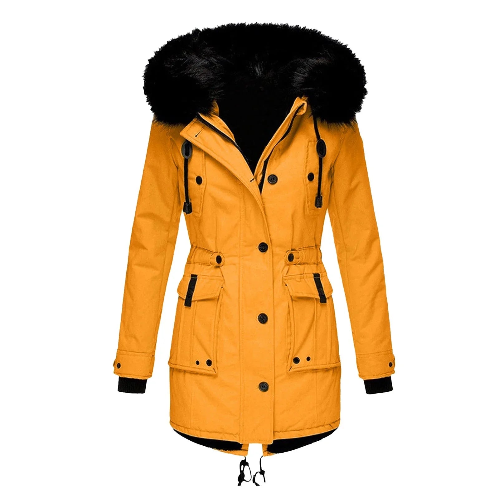 Paisley - Women's Hooded Parka Coat with Faux-Fur Trim and Cinched Waist