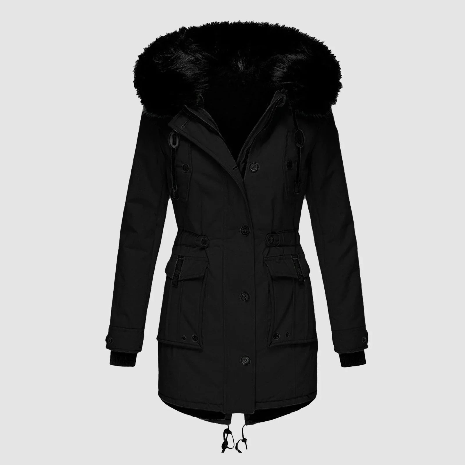 Paisley - Women's Hooded Parka Coat with Faux-Fur Trim and Cinched Waist
