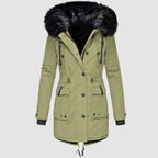 Paisley - Women's Hooded Parka Coat with Faux-Fur Trim and Cinched Waist