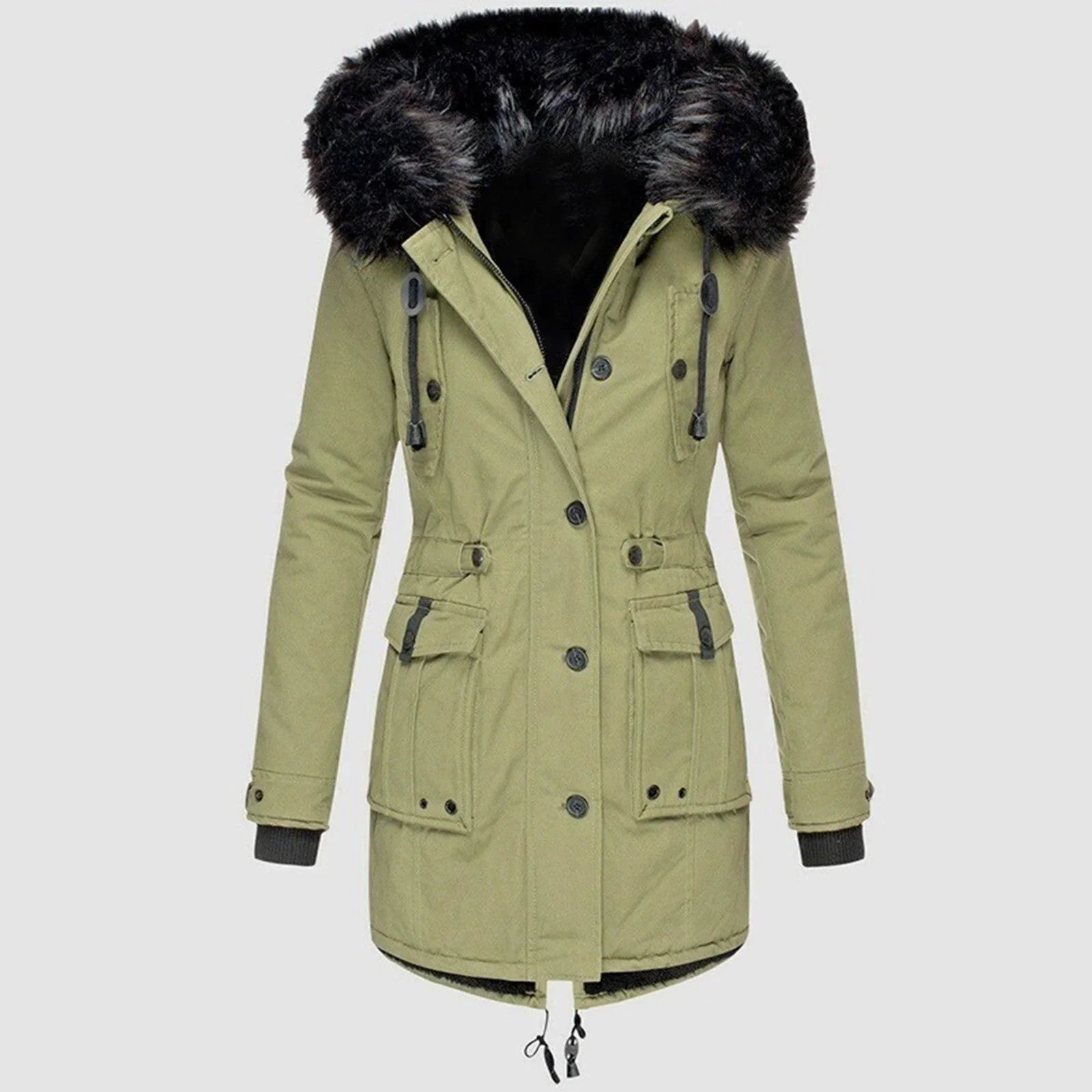 Paisley - Women's Hooded Parka Coat with Faux-Fur Trim and Cinched Waist