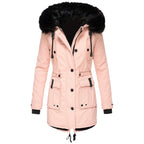 Paisley - Women's Hooded Parka Coat with Faux-Fur Trim and Cinched Waist