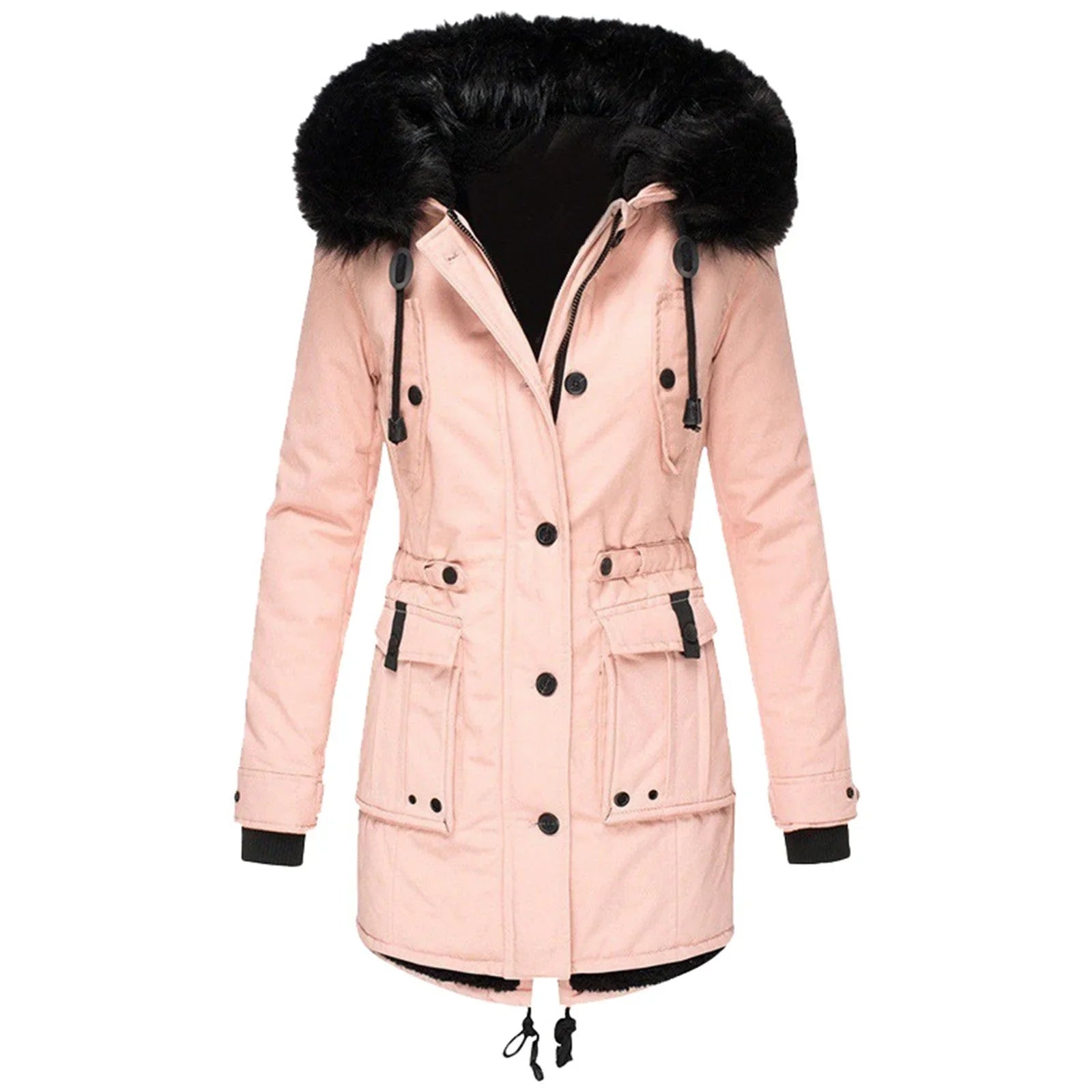 Paisley - Women's Hooded Parka Coat with Faux-Fur Trim and Cinched Waist