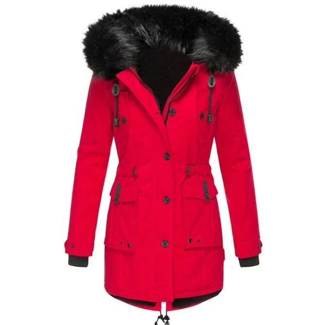 Paisley - Women's Hooded Parka Coat with Faux-Fur Trim and Cinched Waist