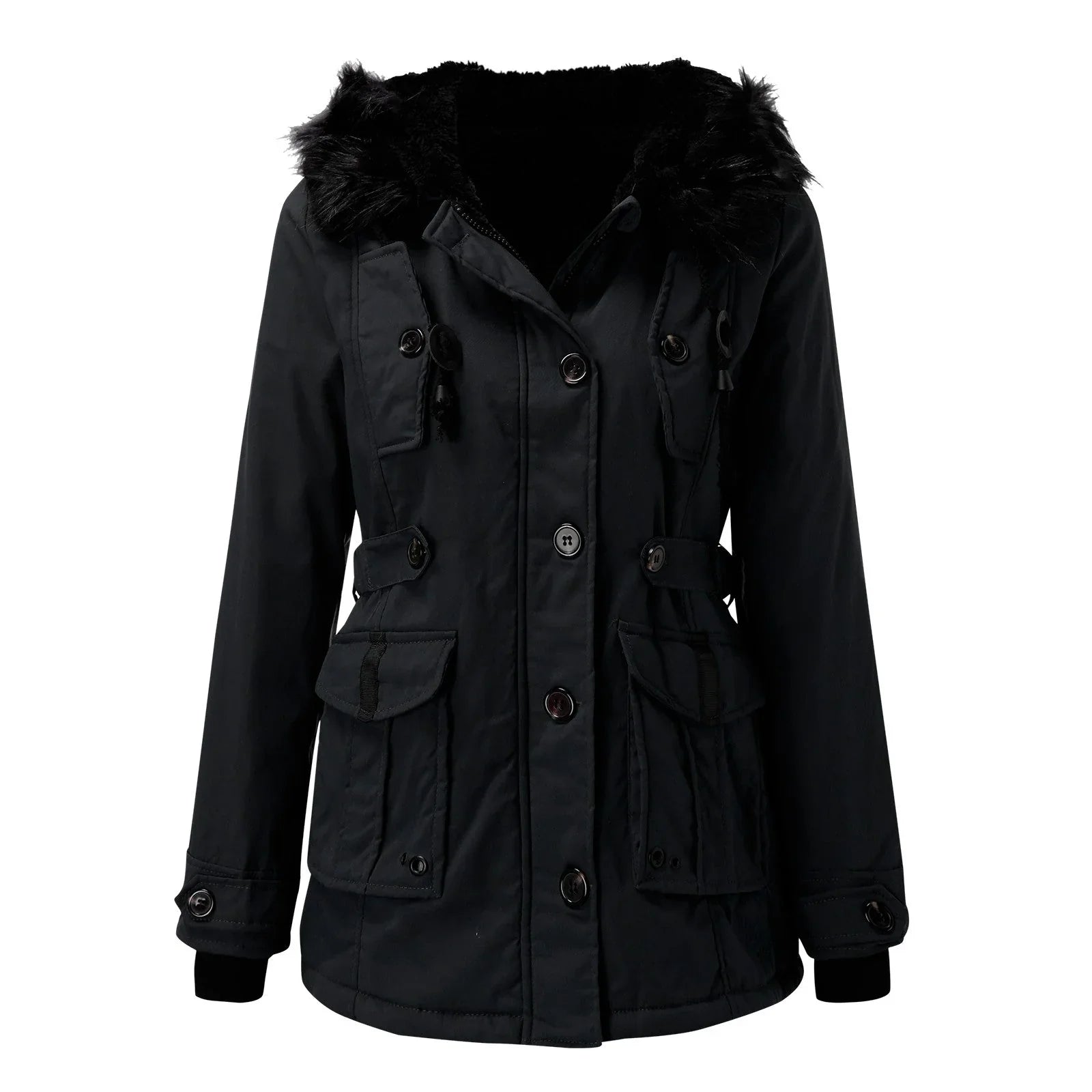 Paisley - Women's Hooded Parka Coat with Faux-Fur Trim and Cinched Waist