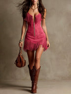 Peyton - Women's Faux Suede Western Fringe Zip-Front Dress 5