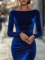 Piper - Women's Boat Neck Velvet Bodycon Midi Dress