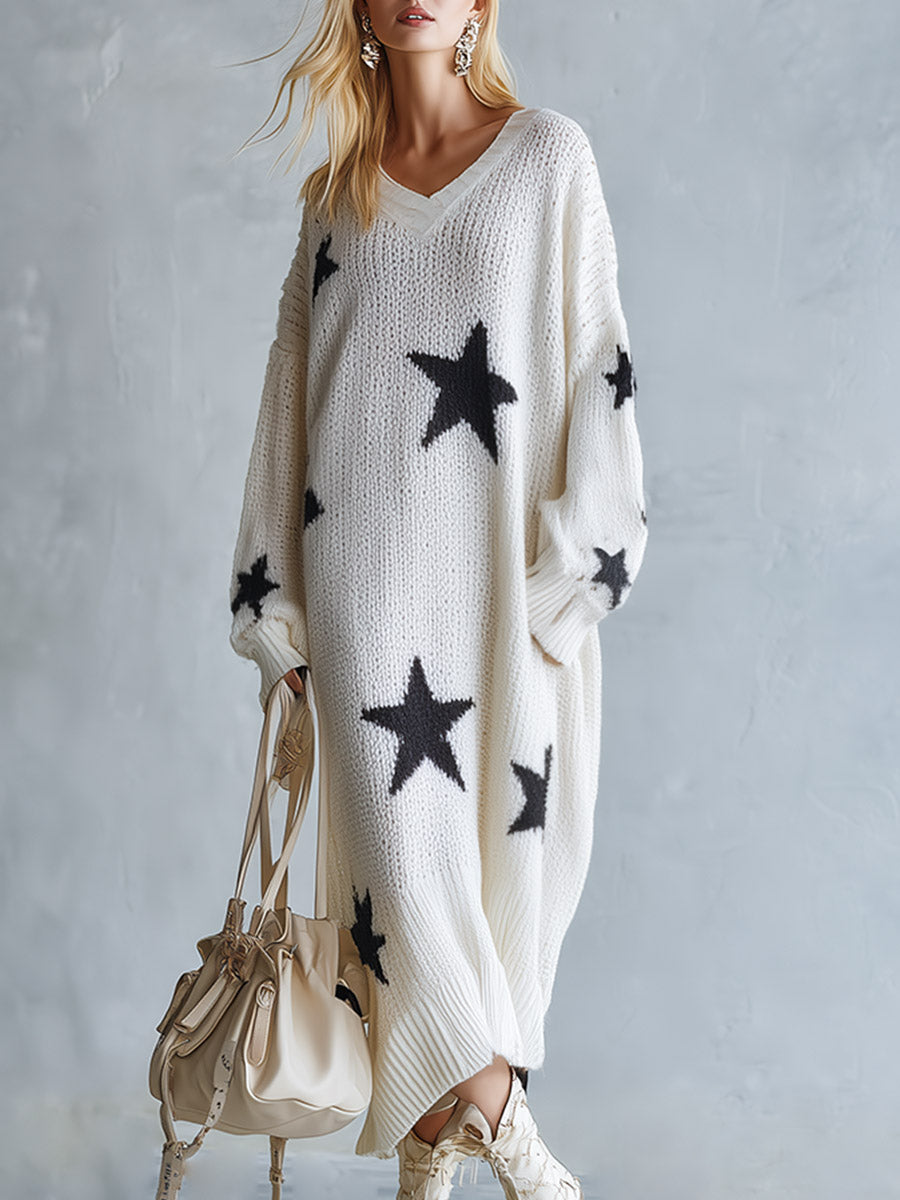 Presley - Women's Star Print Knitted Casual Maxi Dress with V-Neckline