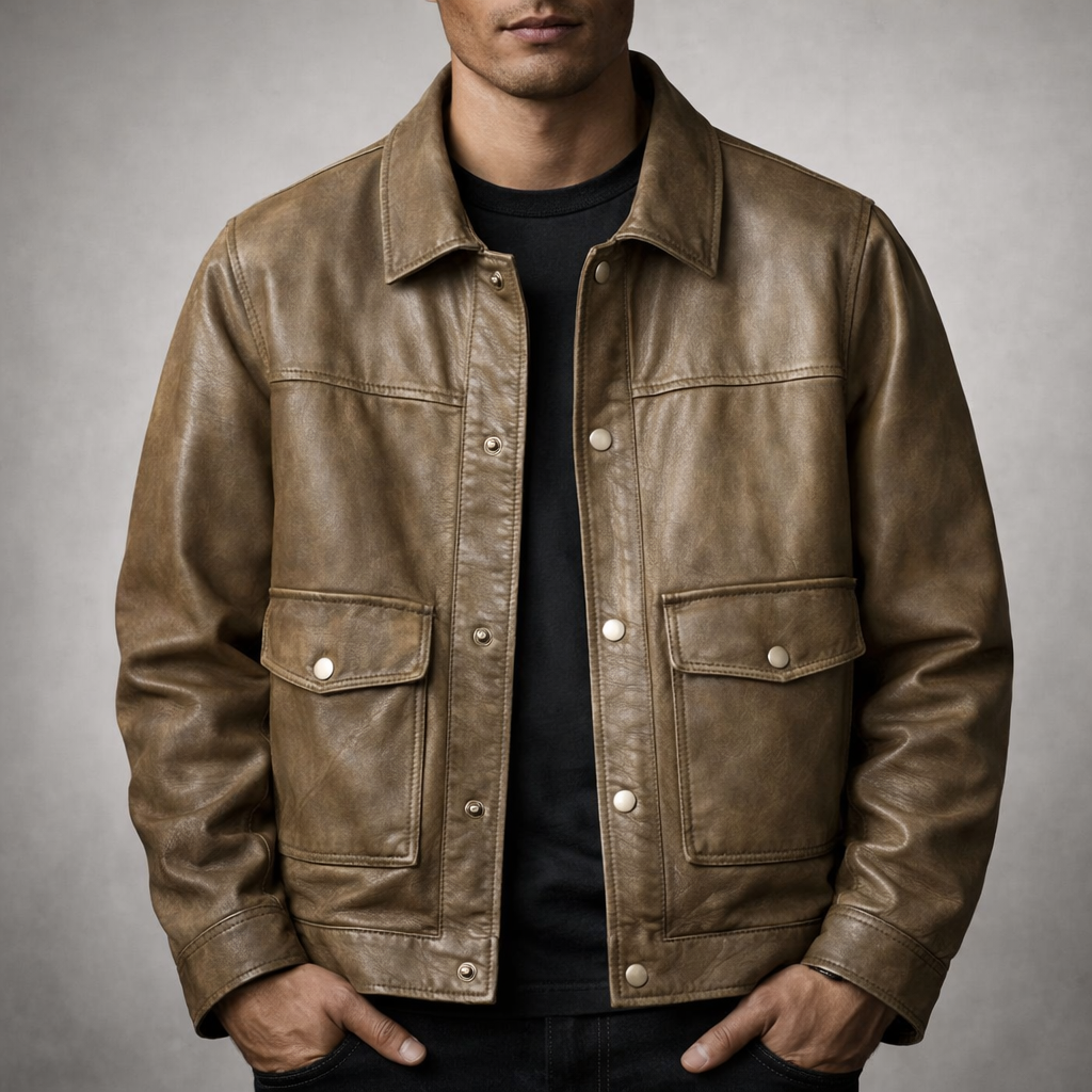 Reuben - Men's Button-Front Leather Jacket with Flap Pockets