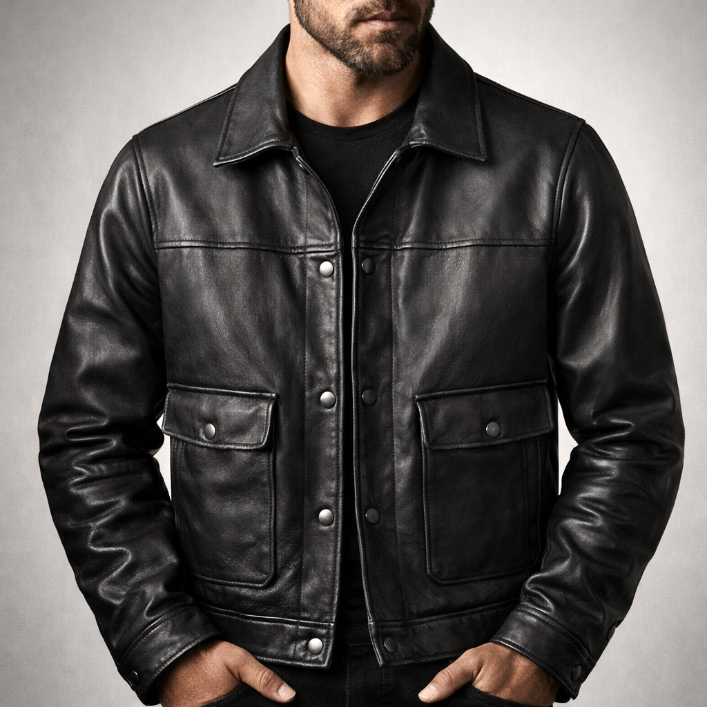 Reuben - Men's Button-Front Leather Jacket with Flap Pockets