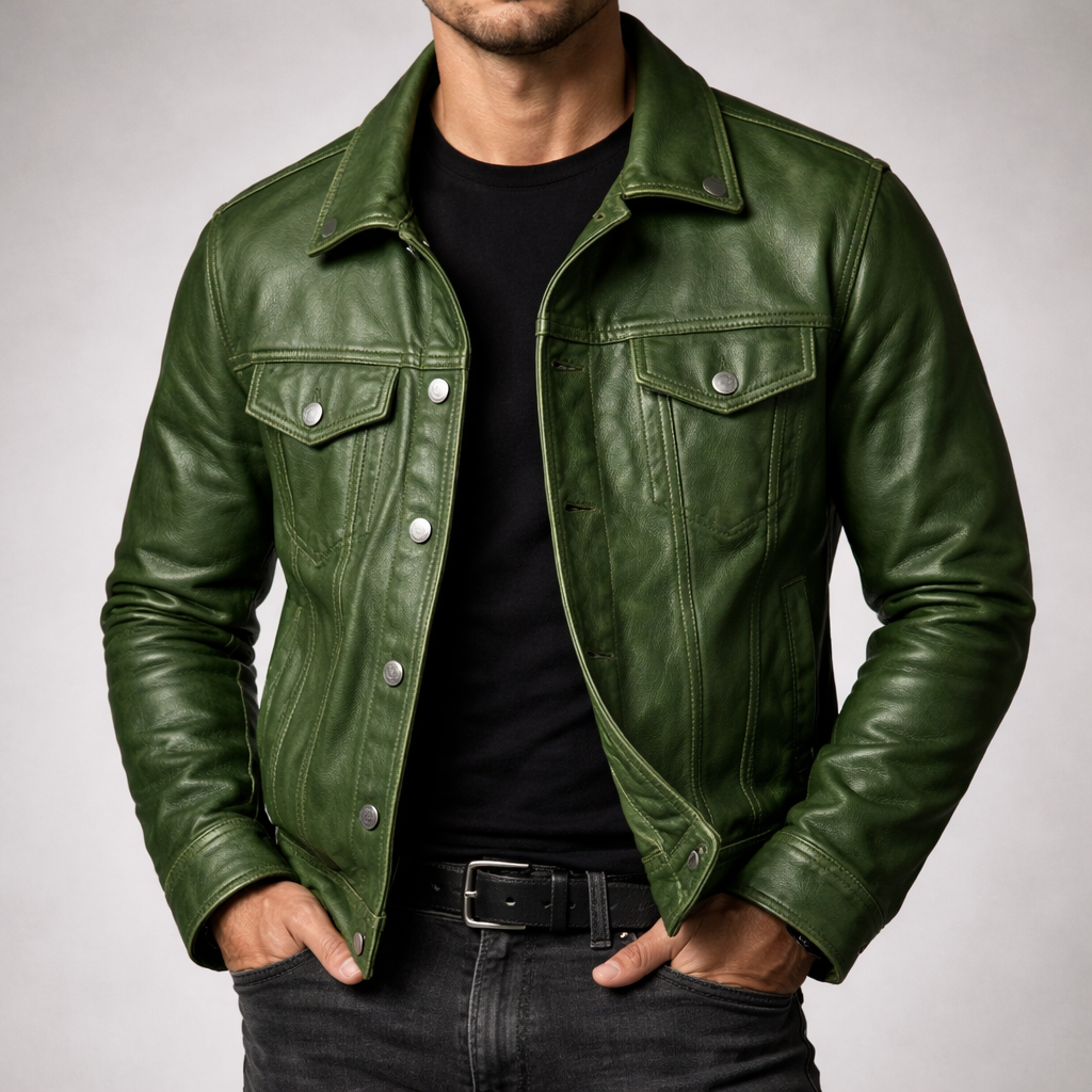 Robert - Men's Vintage Leather Trucker Jacket with Button Front