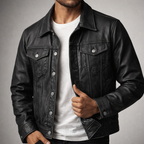 Robert - Men's Vintage Leather Trucker Jacket with Button Front