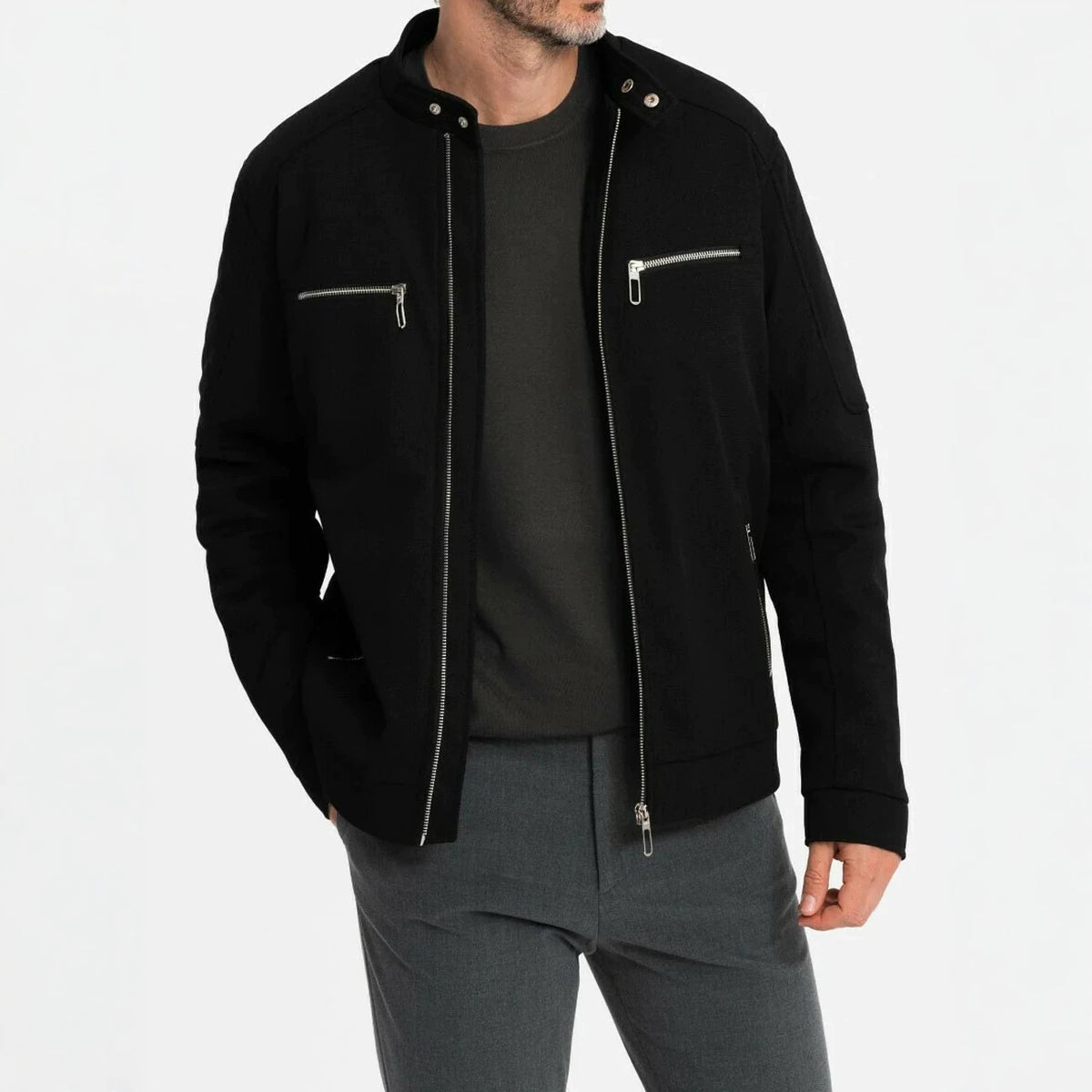 Robert - Men's Stand Collar Zip-Up Jacket with Snap Button 1