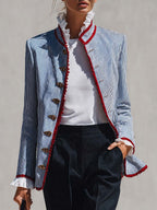 Rosalie - Women's Striped Button-Front Jacket with Ruffled Collar and Lace Trim