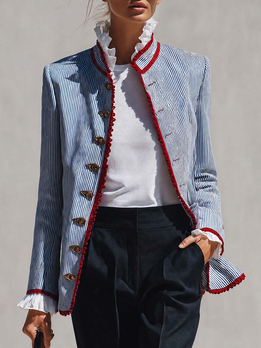 Rosalie - Women's Striped Button-Front Jacket with Ruffled Collar and Lace Trim