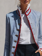 Rosalie - Women's Striped Button-Front Jacket with Ruffled Collar and Lace Trim