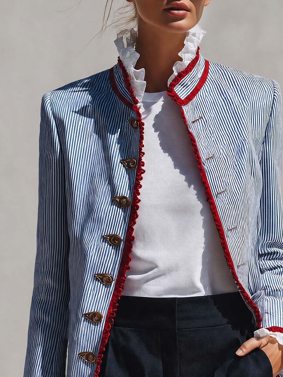 Rosalie - Women's Striped Button-Front Jacket with Ruffled Collar and Lace Trim