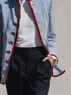 Rosalie - Women's Striped Button-Front Jacket with Ruffled Collar and Lace Trim
