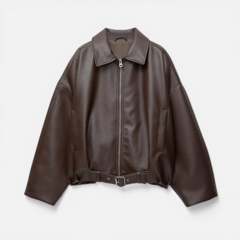 Rose - Women's Cropped Leather Jacket with Front Zip
