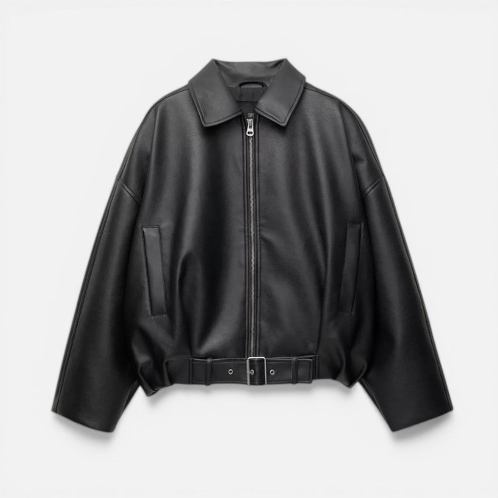 Rose - Women's Cropped Leather Jacket with Front Zip