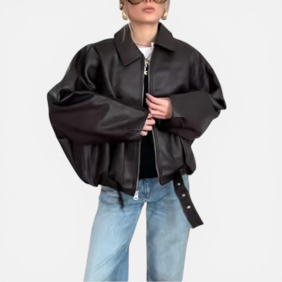 Rose - Women's Cropped Leather Jacket with Front Zip