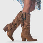 Rosemary - Women's Suede Knee-High Boots with Fringe Trim