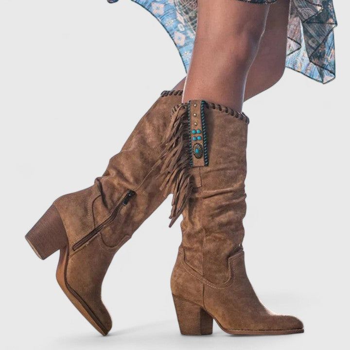 Rosemary - Women's Suede Knee-High Boots with Fringe Trim