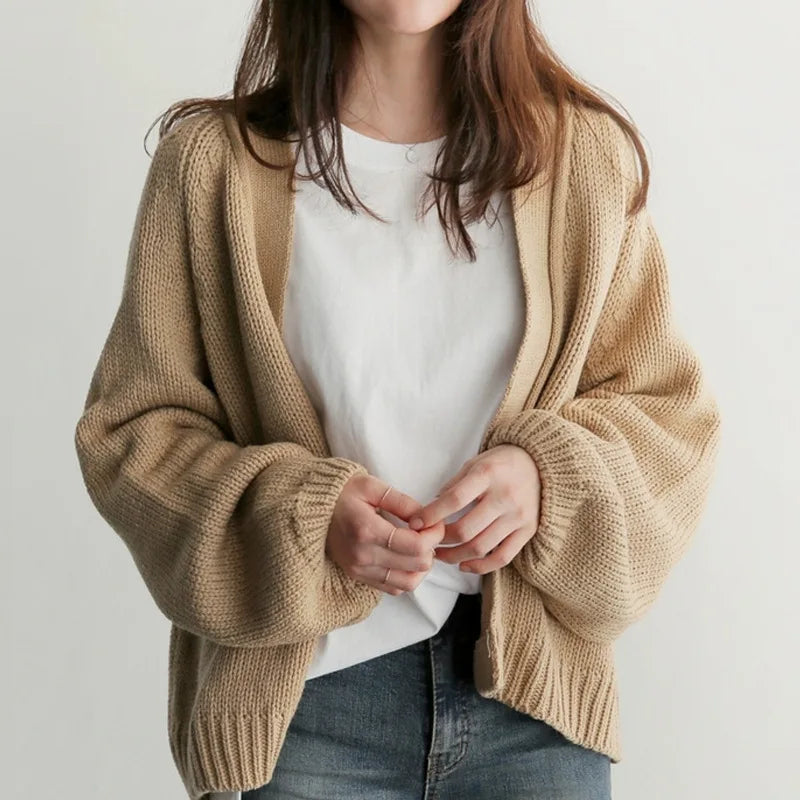 Ruby - Women's Drop-Shoulder Knit Cardigan with Ribbed Cuffs