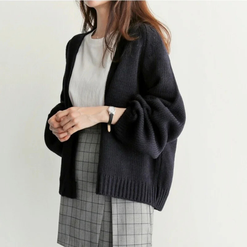 Ruby - Women's Drop-Shoulder Knit Cardigan with Ribbed Cuffs