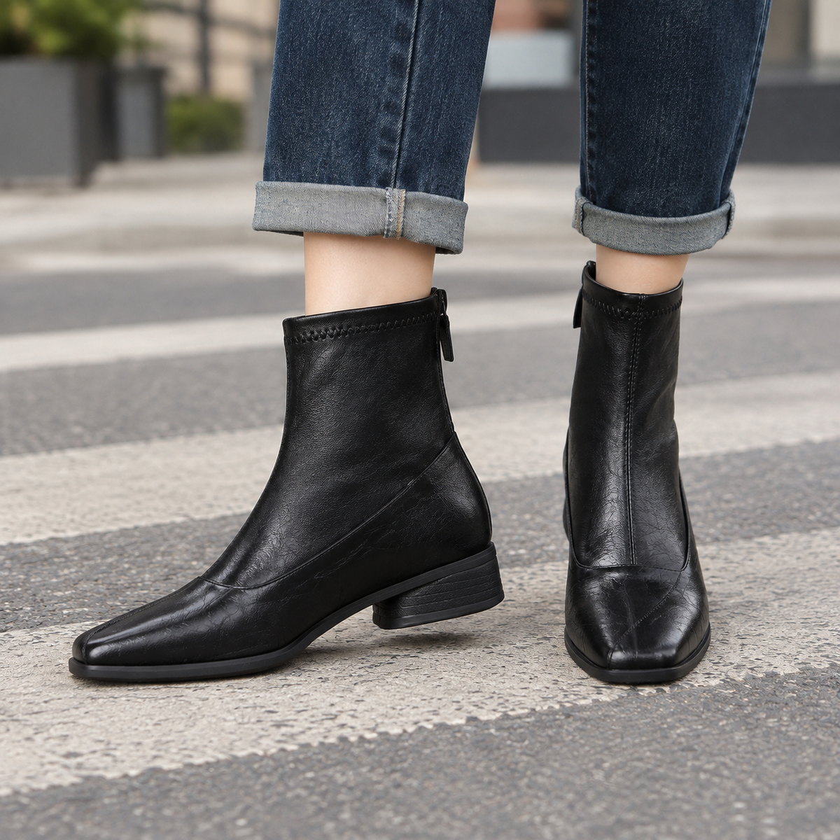 Sabrina  - Women's Square Toe Ankle Boots with Back Zip