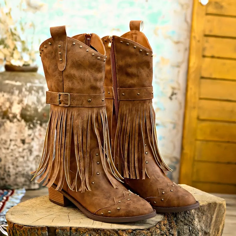 Sadora - Women's Fringe Studded Ankle Boots with Side Zip