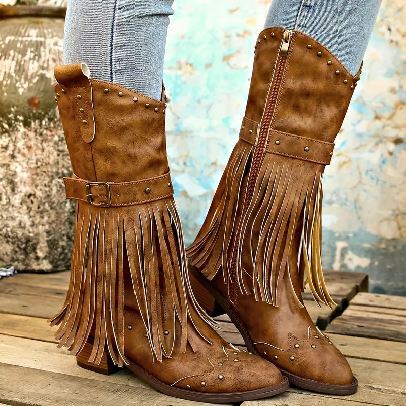 Sadora - Women's Fringe Studded Ankle Boots with Side Zip