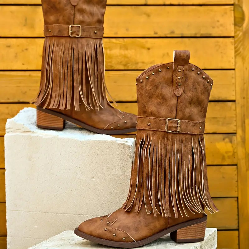 Sadora - Women's Fringe Studded Ankle Boots with Side Zip