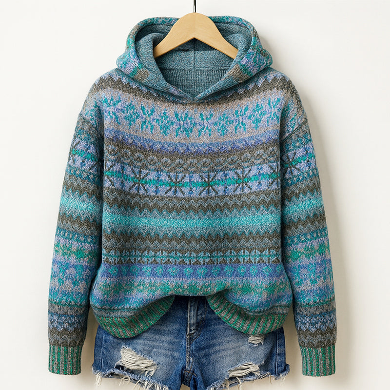 Sage - Women's Striped Fair Isle Patterned Hoodie Sweater