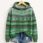 Sage - Women's Striped Fair Isle Patterned Hoodie Sweater