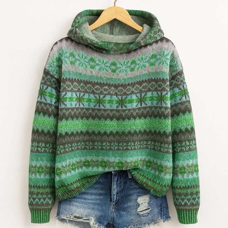 Sage - Women's Striped Fair Isle Patterned Hoodie Sweater