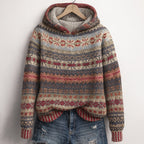 Sage - Women's Striped Fair Isle Patterned Hoodie Sweater