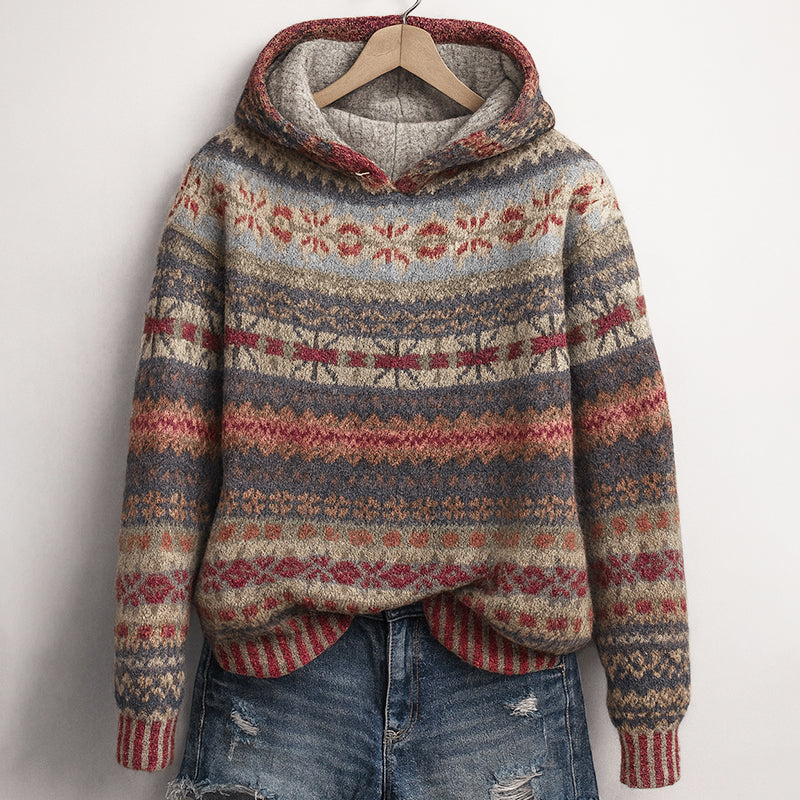 Sage - Women's Striped Fair Isle Patterned Hoodie Sweater