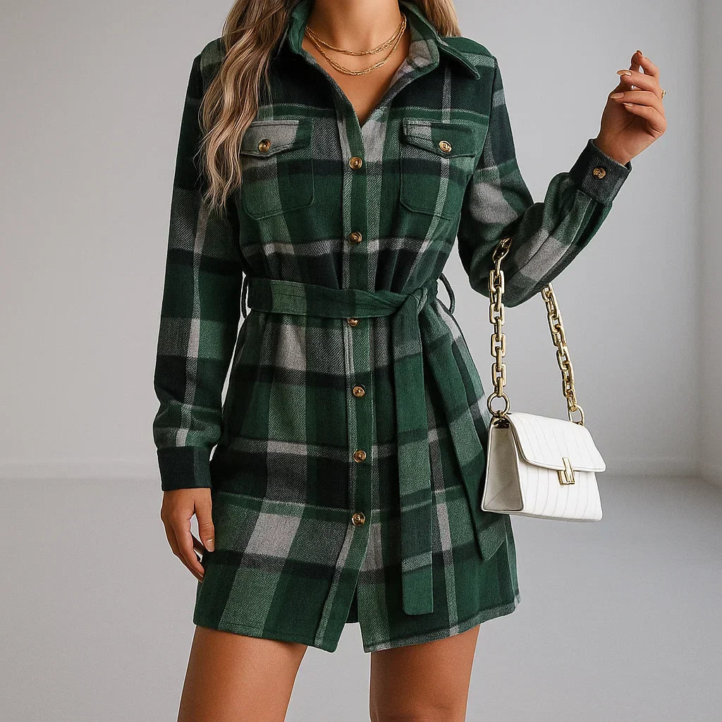 Sophia - Women's Button-Front Plaid Shirt Dress