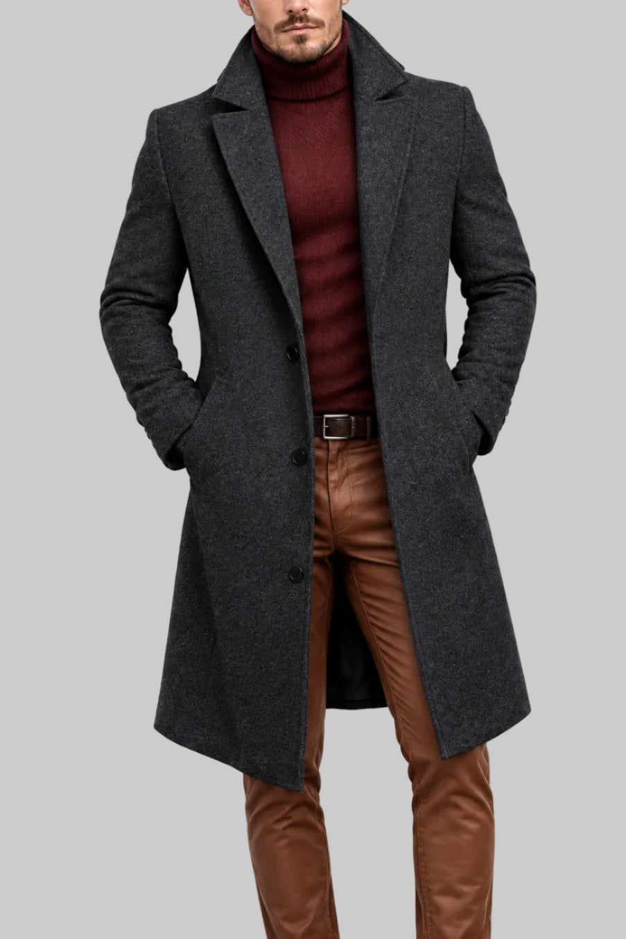 Steven - Men's Tailored Long Coat with Front Pockets