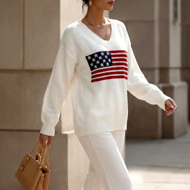 Sylvia - Women's American Flag V-Neck Knit Sweater 2