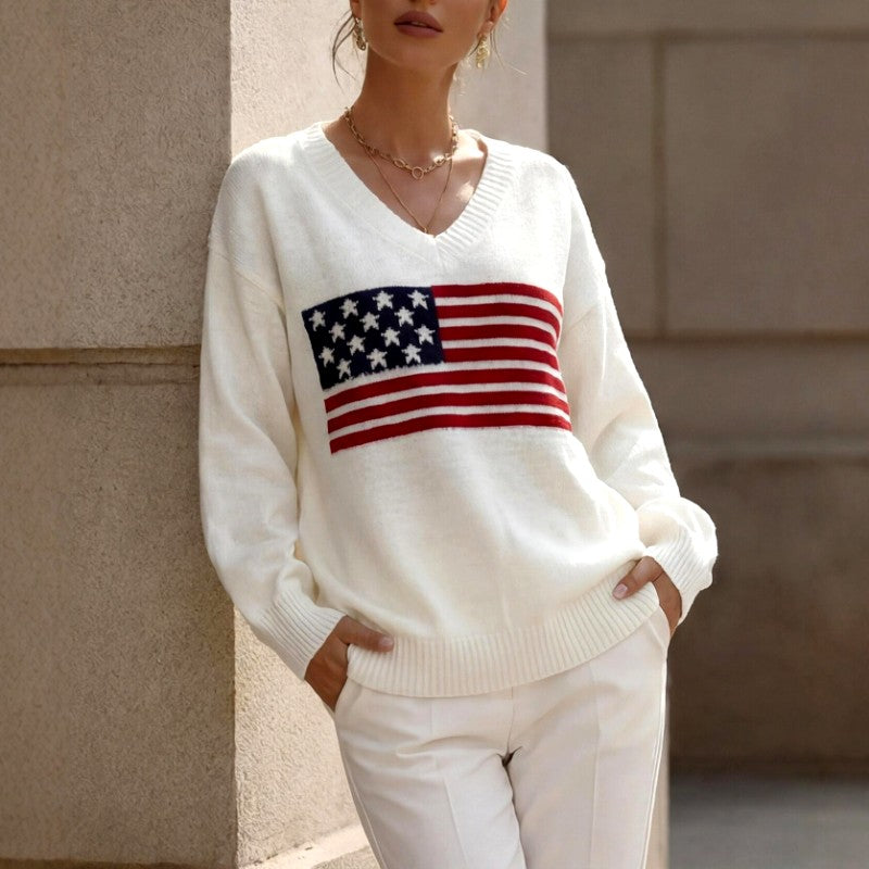 Sylvia - Women's American Flag V-Neck Knit Sweater 4