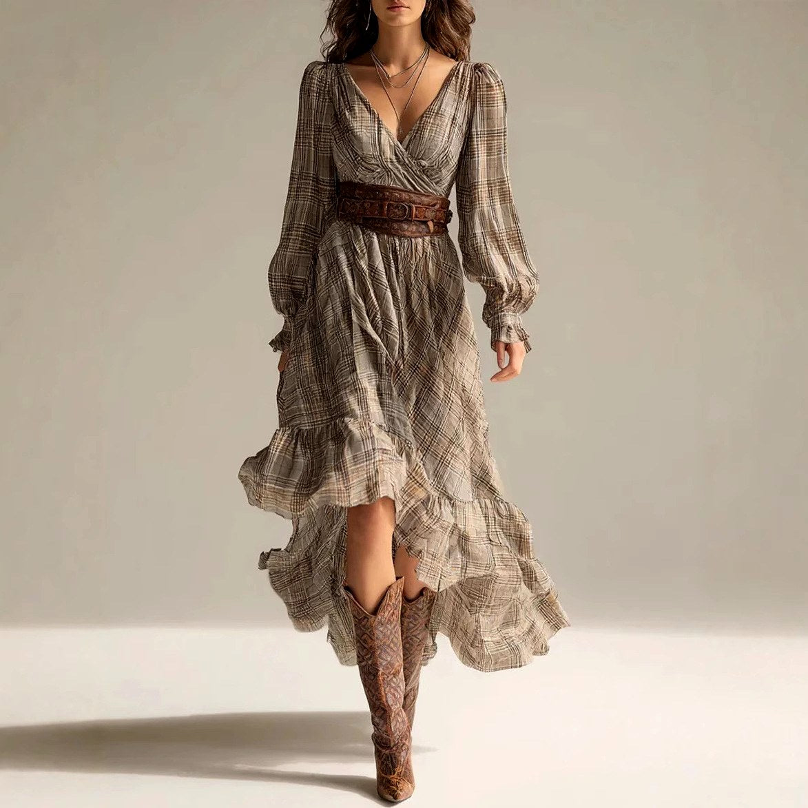 Thelma - Women's Plaid Puff Sleeve Wrap Maxi Dress 1