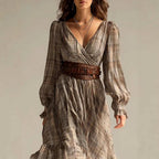 Thelma - Women's Plaid Puff Sleeve Wrap Maxi Dress 2