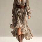 Thelma - Women's Plaid Puff Sleeve Wrap Maxi Dress 3