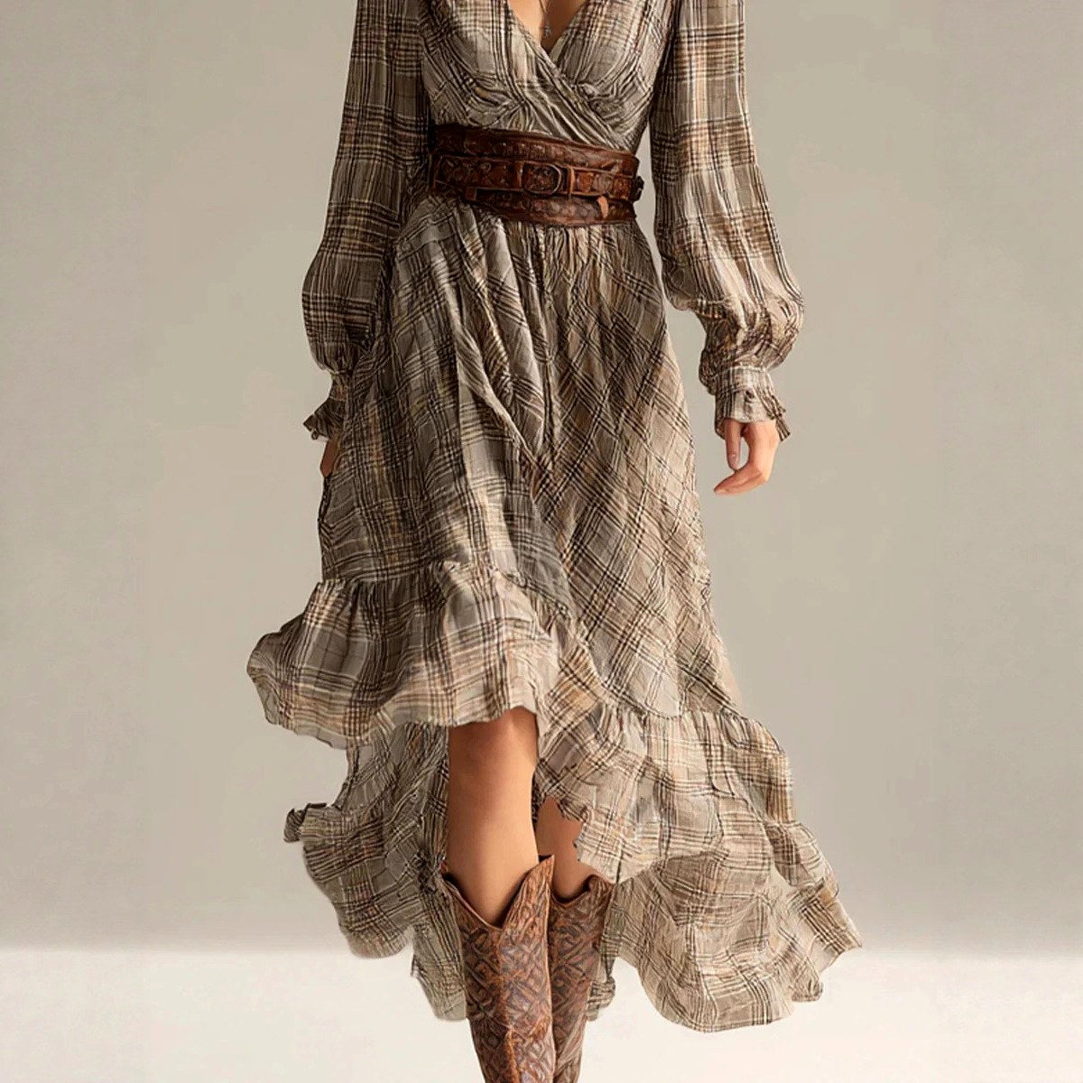 Thelma - Women's Plaid Puff Sleeve Wrap Maxi Dress 3