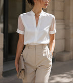 Therese - Women's Stand Collar Satin Blouse with Sheer Long Sleeves