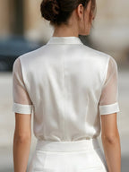 Therese - Women's Stand Collar Satin Blouse with Sheer Long Sleeves